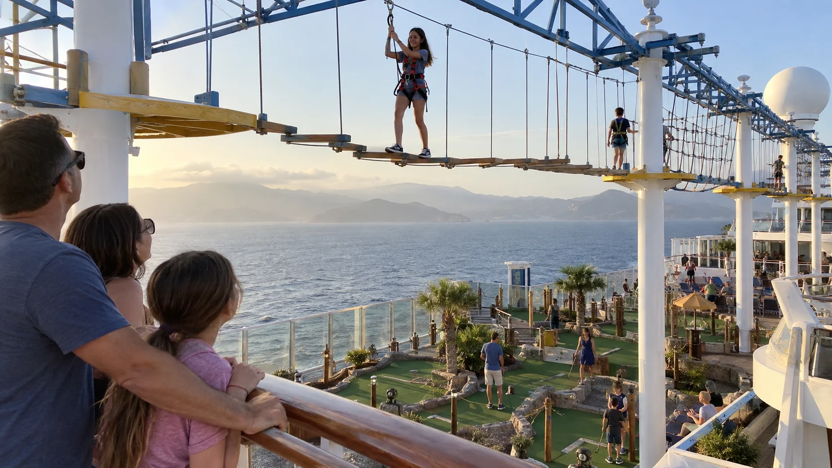 Family watching a teenager cross a ropes course above a cruise ship recreation deck.