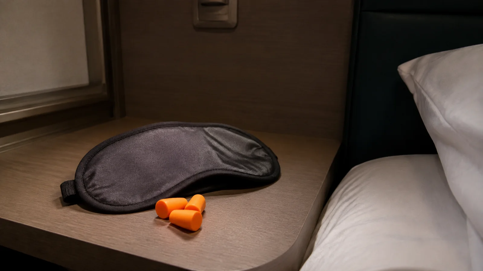 Sleep mask and orange foam earplugs on a bedside surface.