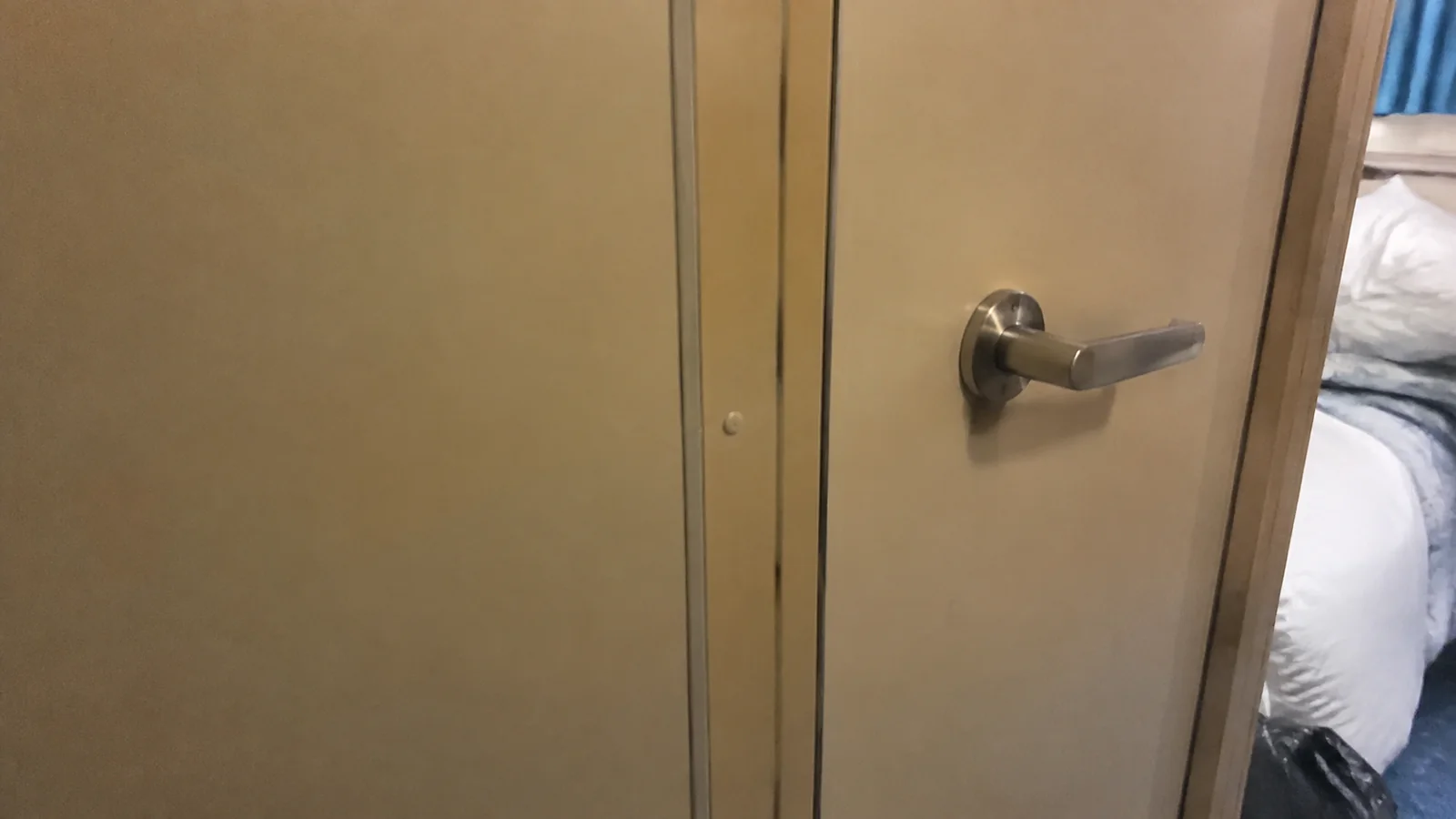 Close view of a beige stateroom door and metal handle.