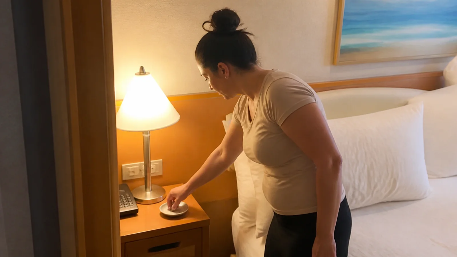Woman sets a cup on a bedside table in a stateroom.