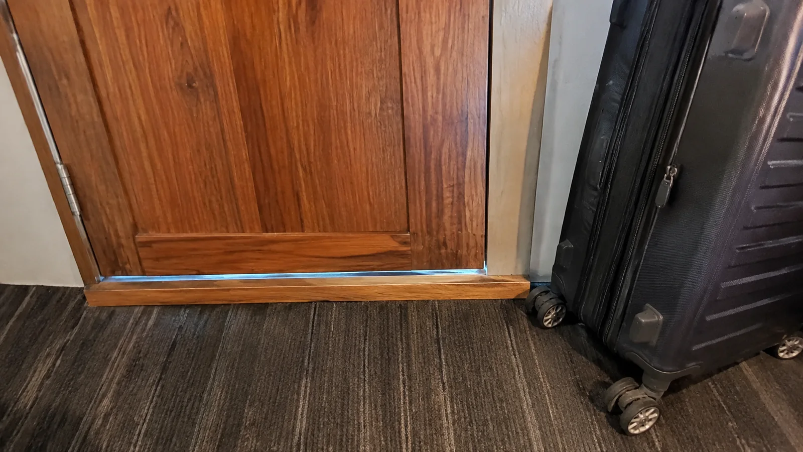 Suitcase stands beside a closed wooden cabin door.