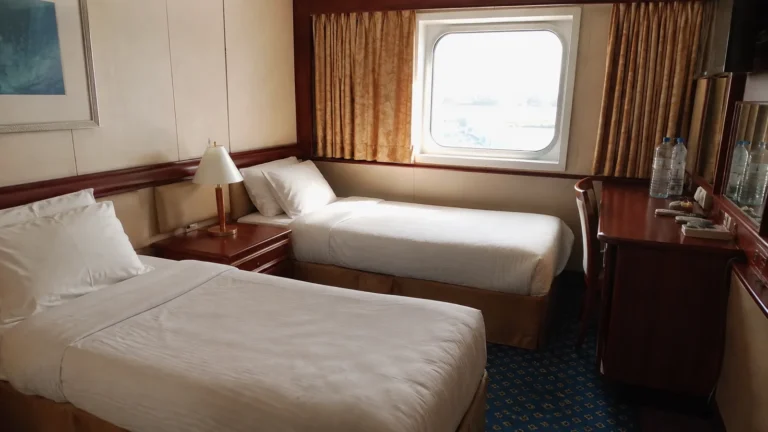 Cruise cabin with two separate beds and an ocean-view window.