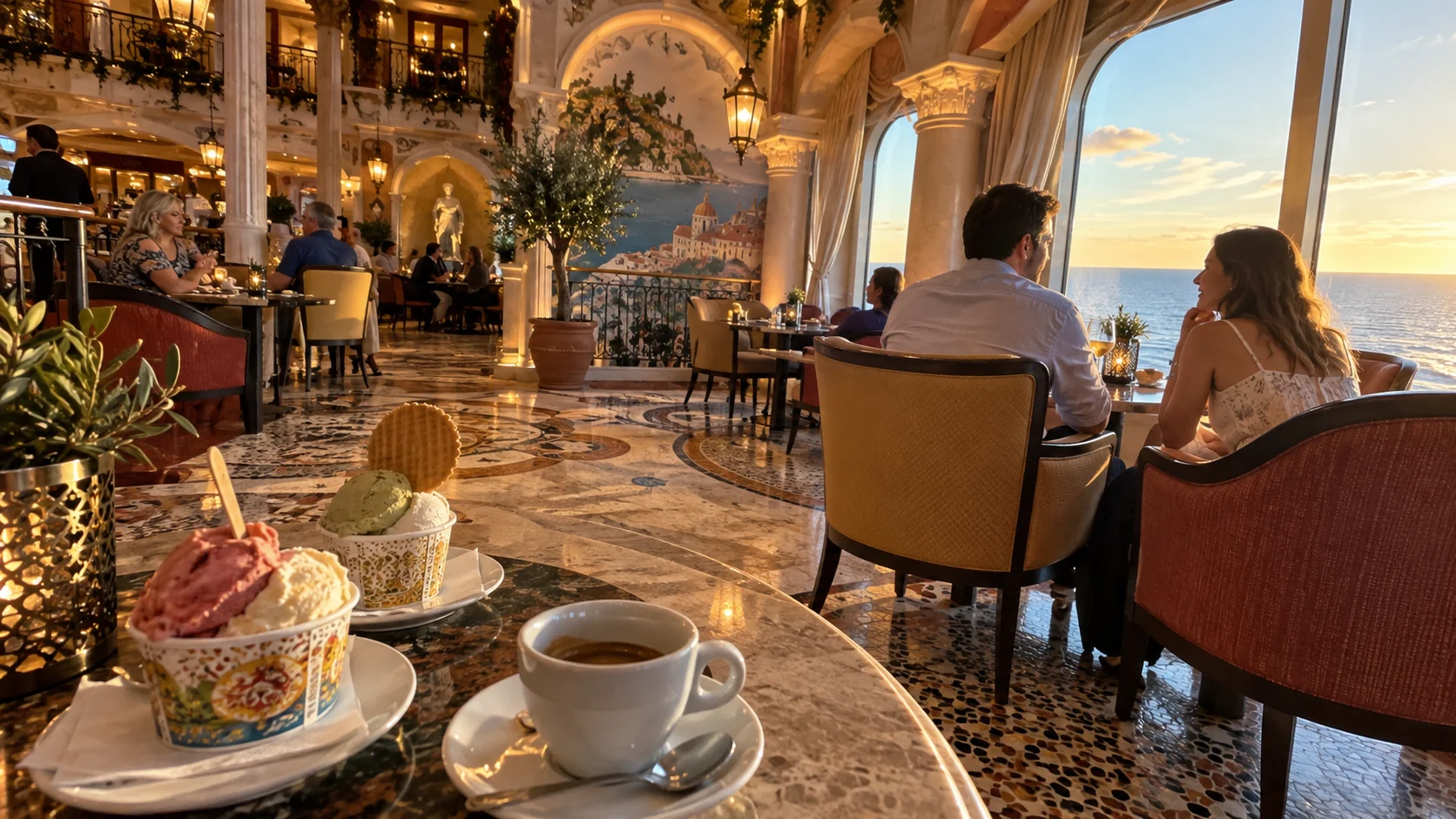Gelato and espresso overlooking an Italian-inspired cruise ship lounge at sunset.
