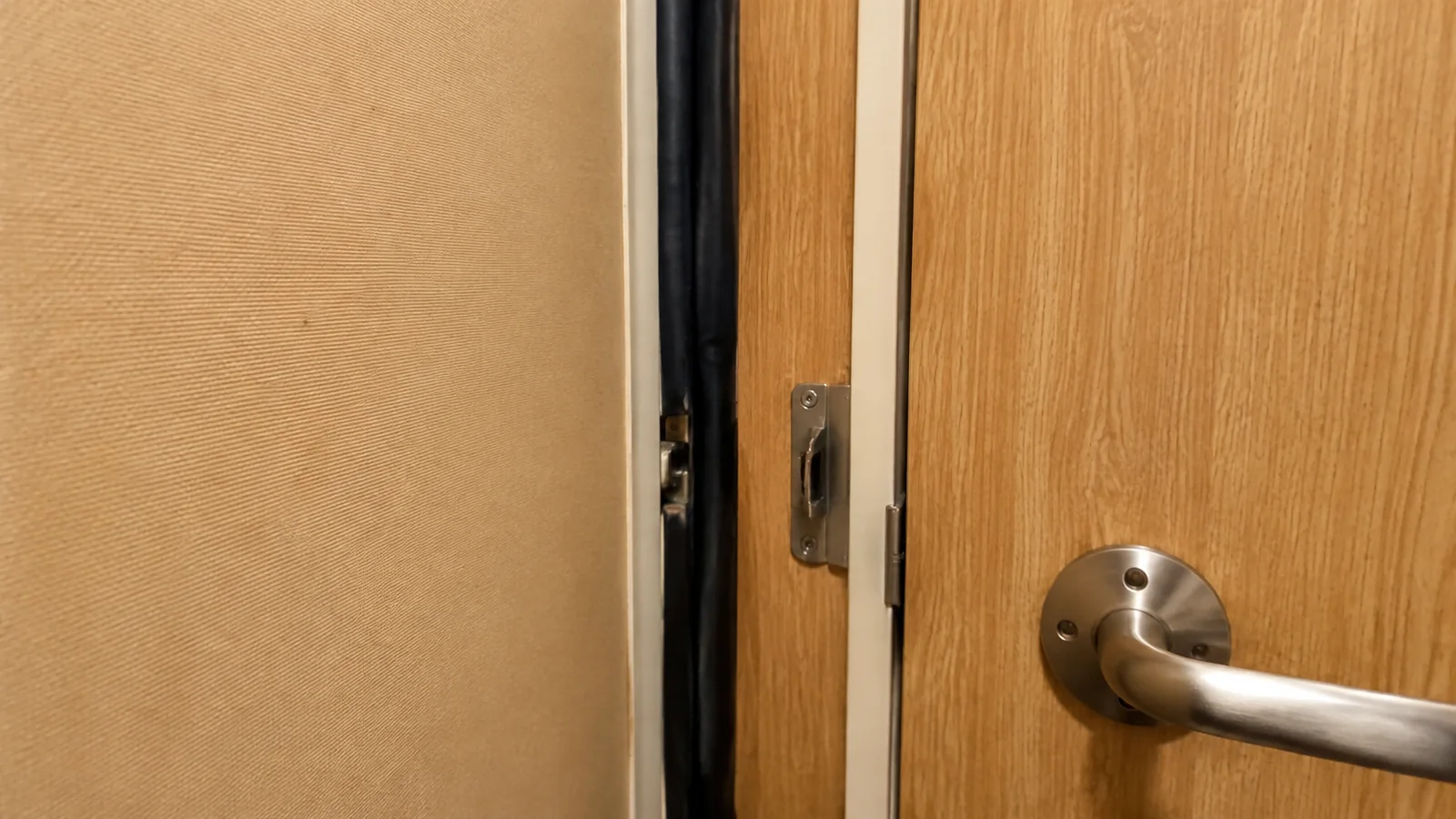 Close-up of a partially open connecting door inside a cruise cabin
