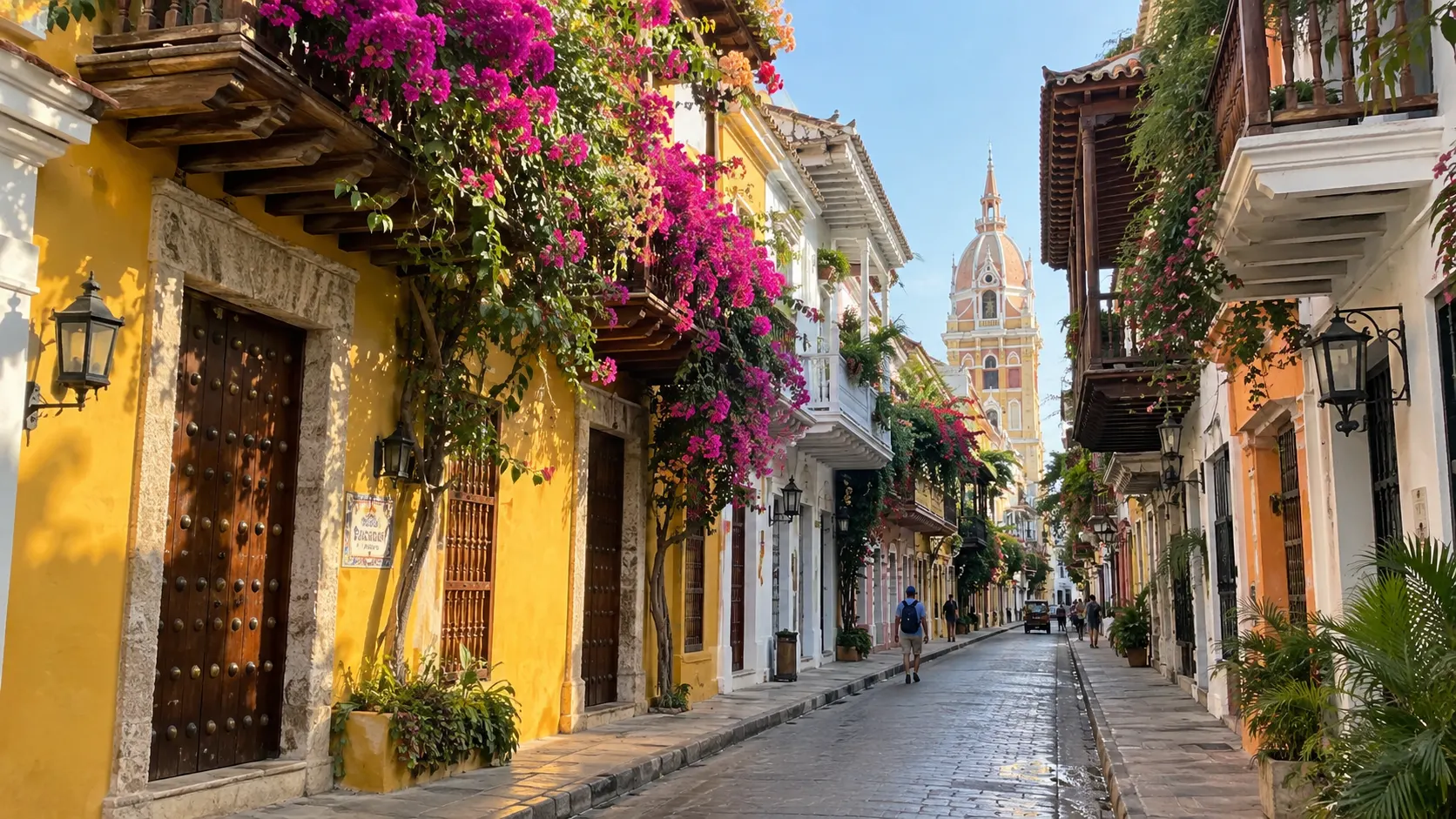 Colorful colonial street and flowering balconies inside Cartagena's Walled City.