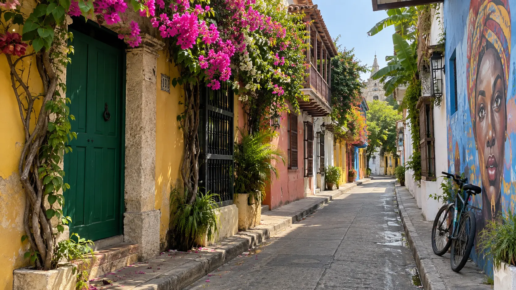 Colorful Getsemaní street with flowering balconies, public art, and a bicycle.