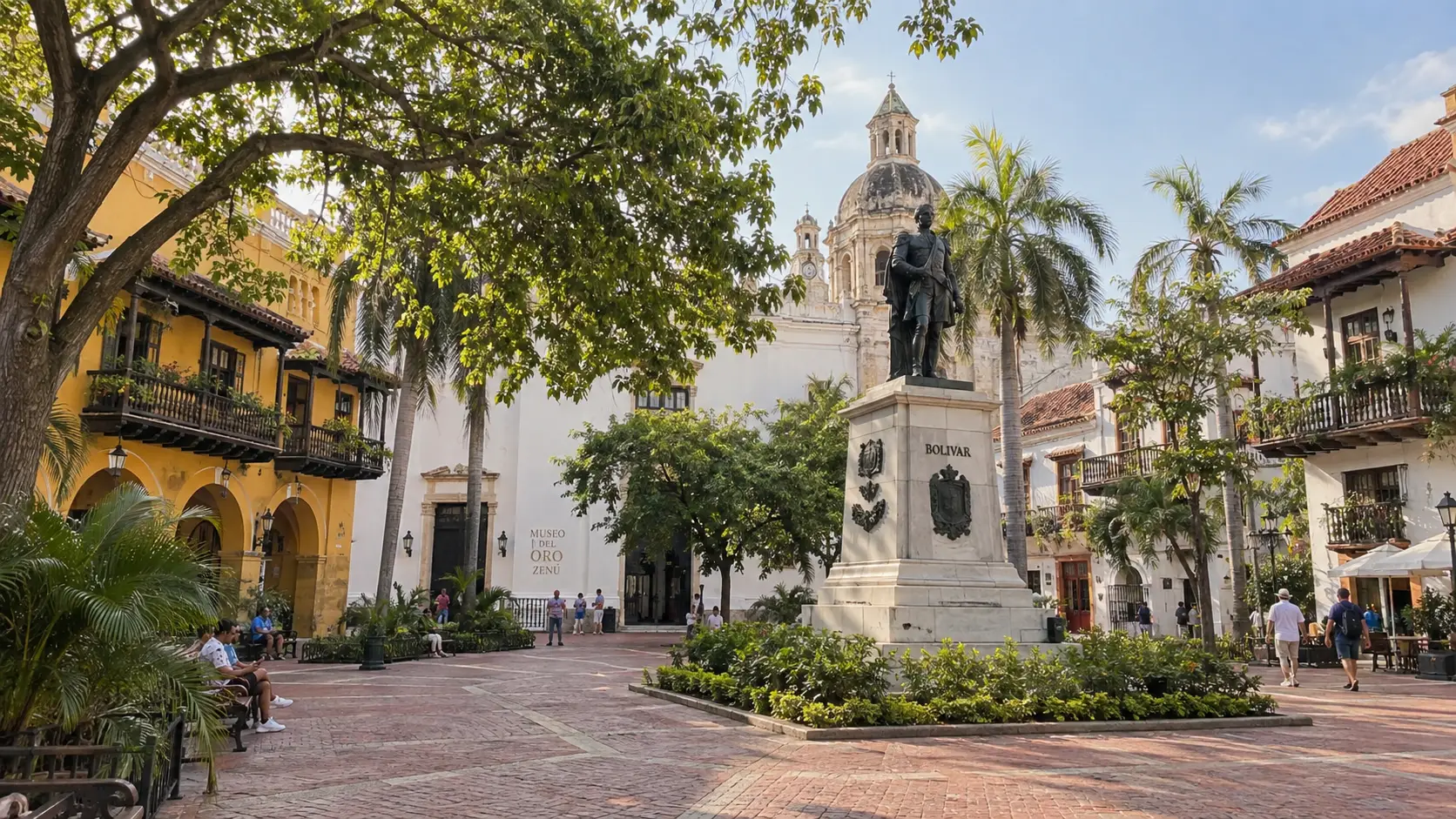 Leafy Plaza de Bolívar and historic buildings near the Zenú Gold Museum.