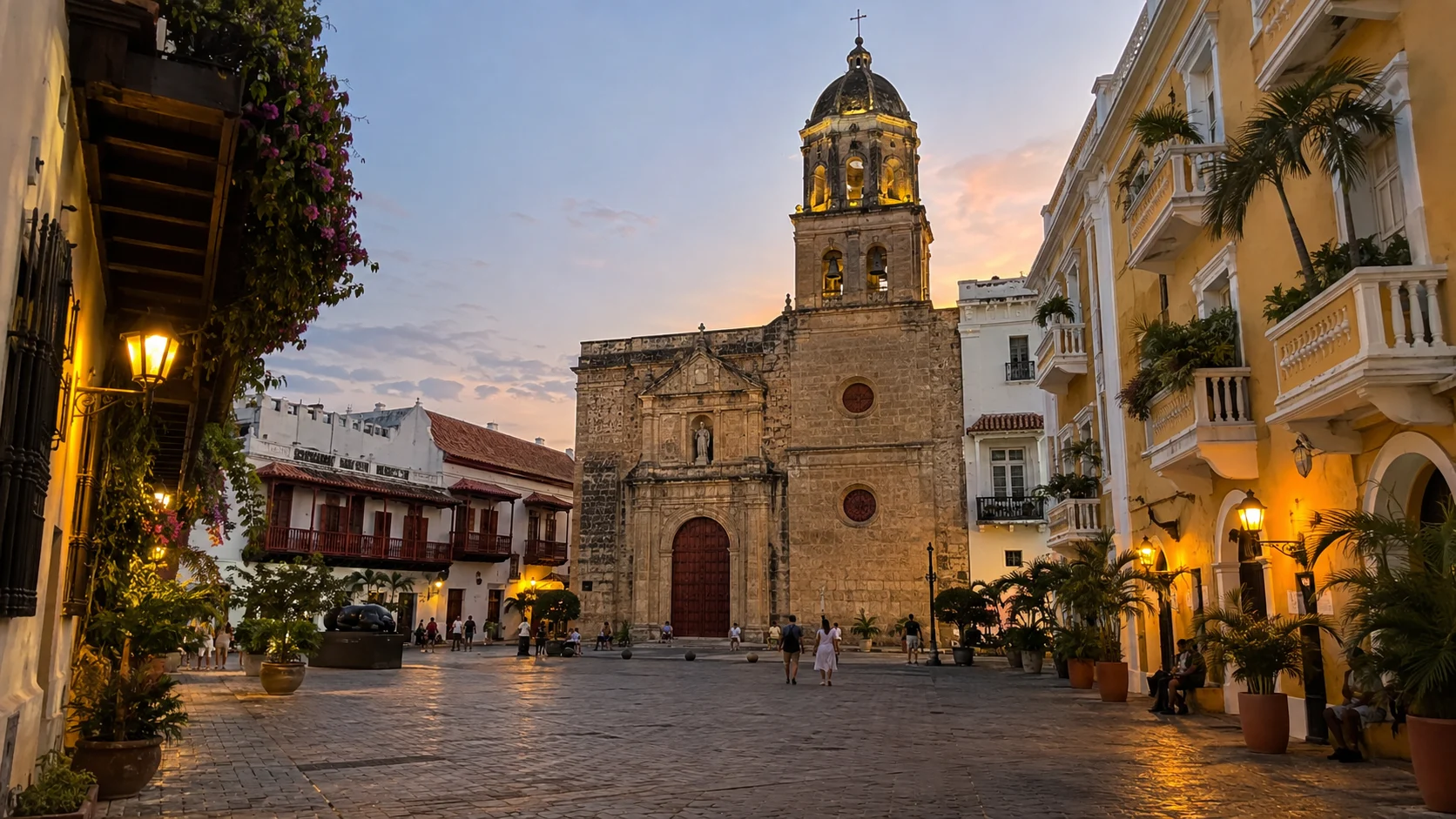 Sanctuary of Saint Peter Claver overlooking its historic Cartagena plaza at dusk.