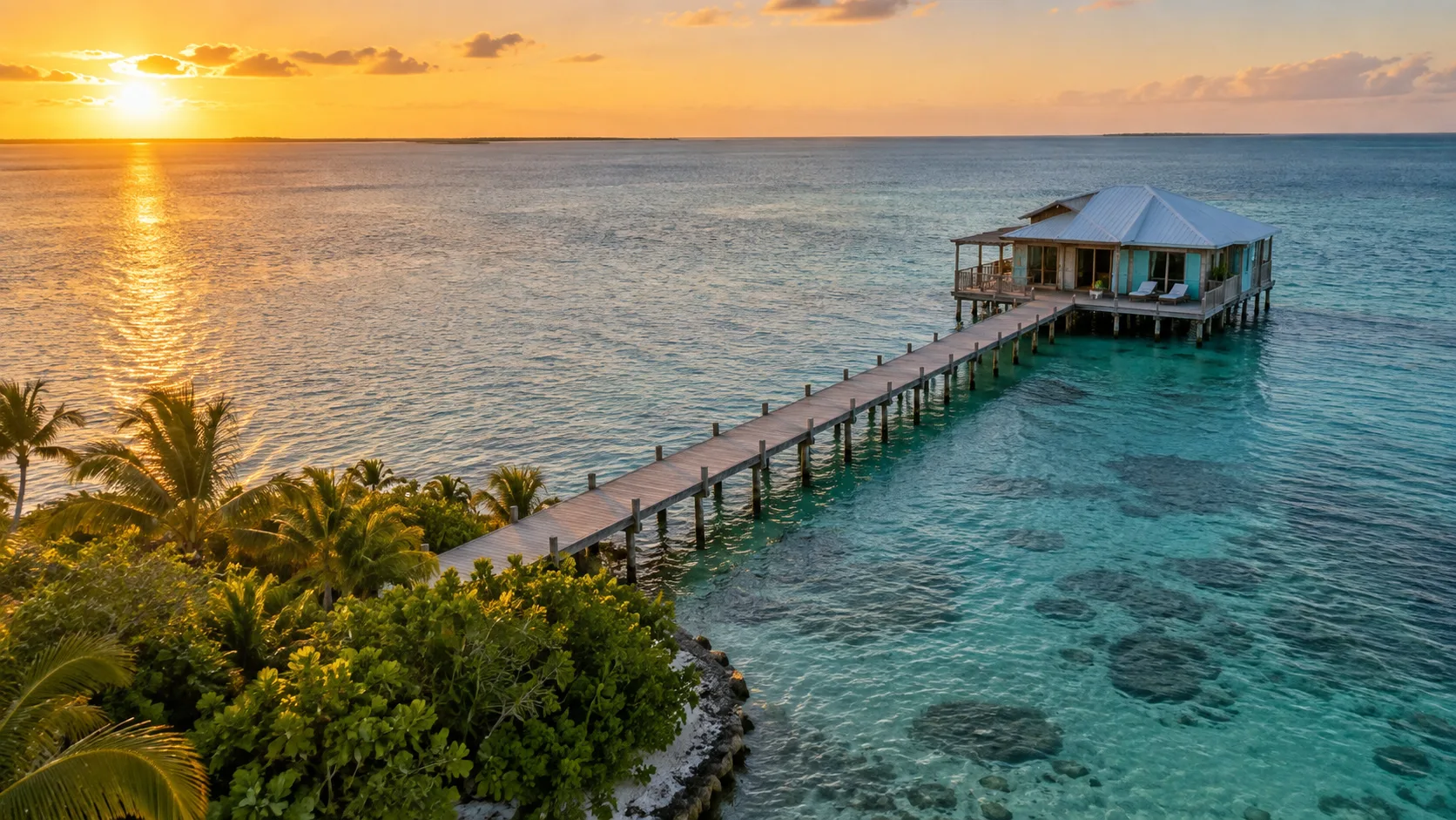 Casa Ventanas overwater bungalow at the end of a long private dock off Cayo Espanto in Belize.