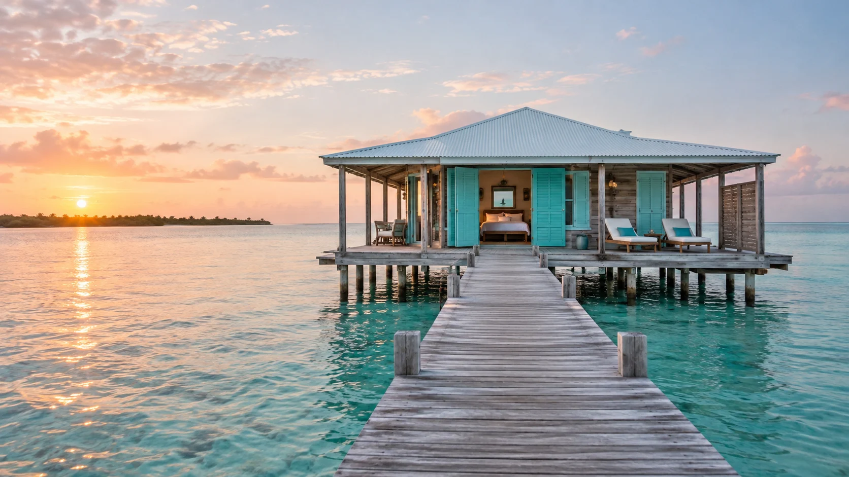 Casa Ventanas overwater bungalow with turquoise shutters at the end of a private dock off Cayo Espanto.