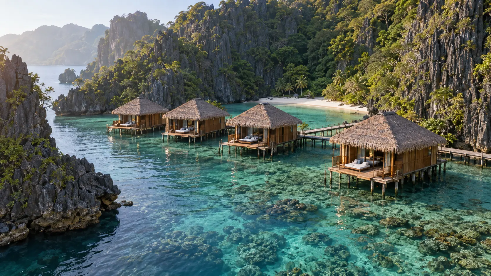 Thatched water villas in a limestone-lined turquoise cove at Cauayan Boutique Private Island Resort in El Nido.