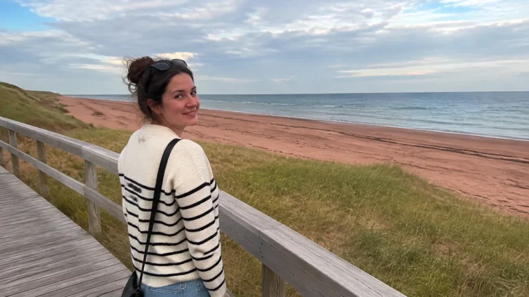 Woman stands at a wooden railing above a reddish sandy beach.