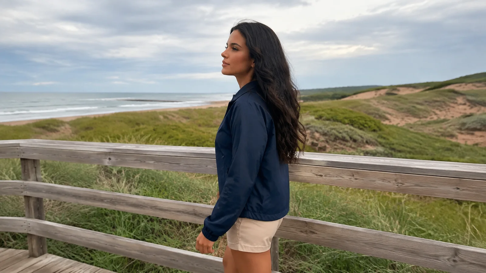 Woman walks beside a wooden fence through coastal dunes.
