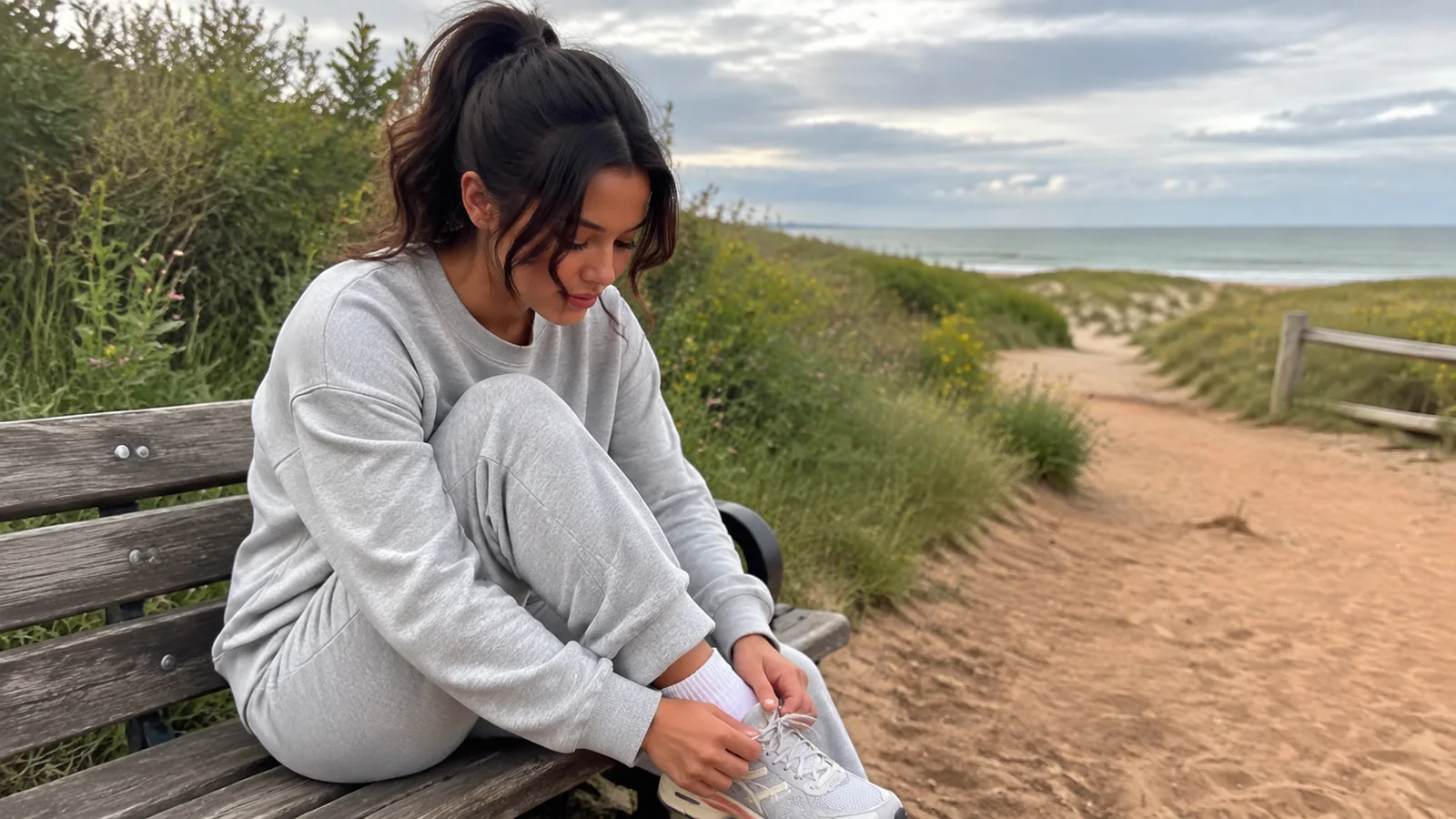 Woman adjusts her shoe while seated beside a sandy beach path.