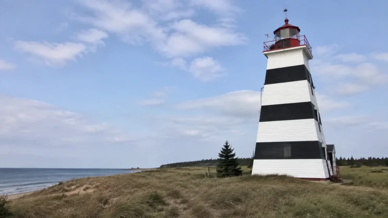 Black-and-white striped lighthouse stands above a grassy coastal slope.