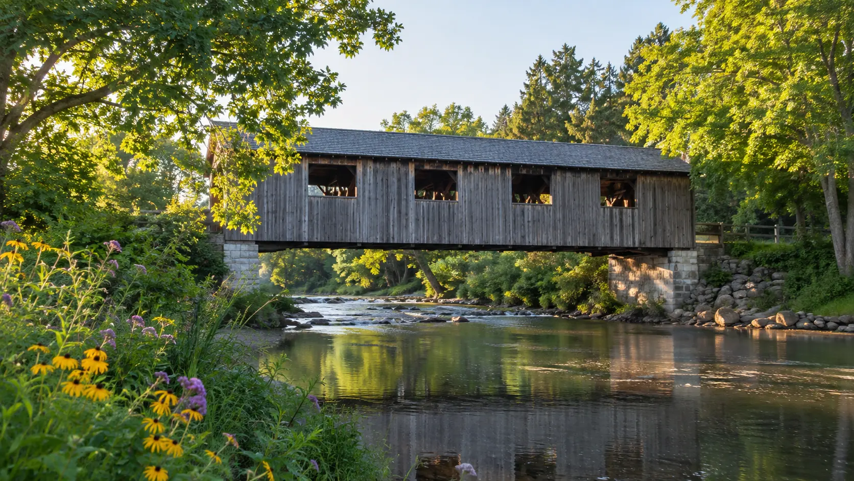 Cedarburg's historic covered bridge spans Cedar Creek amid summer trees and wildflowers.