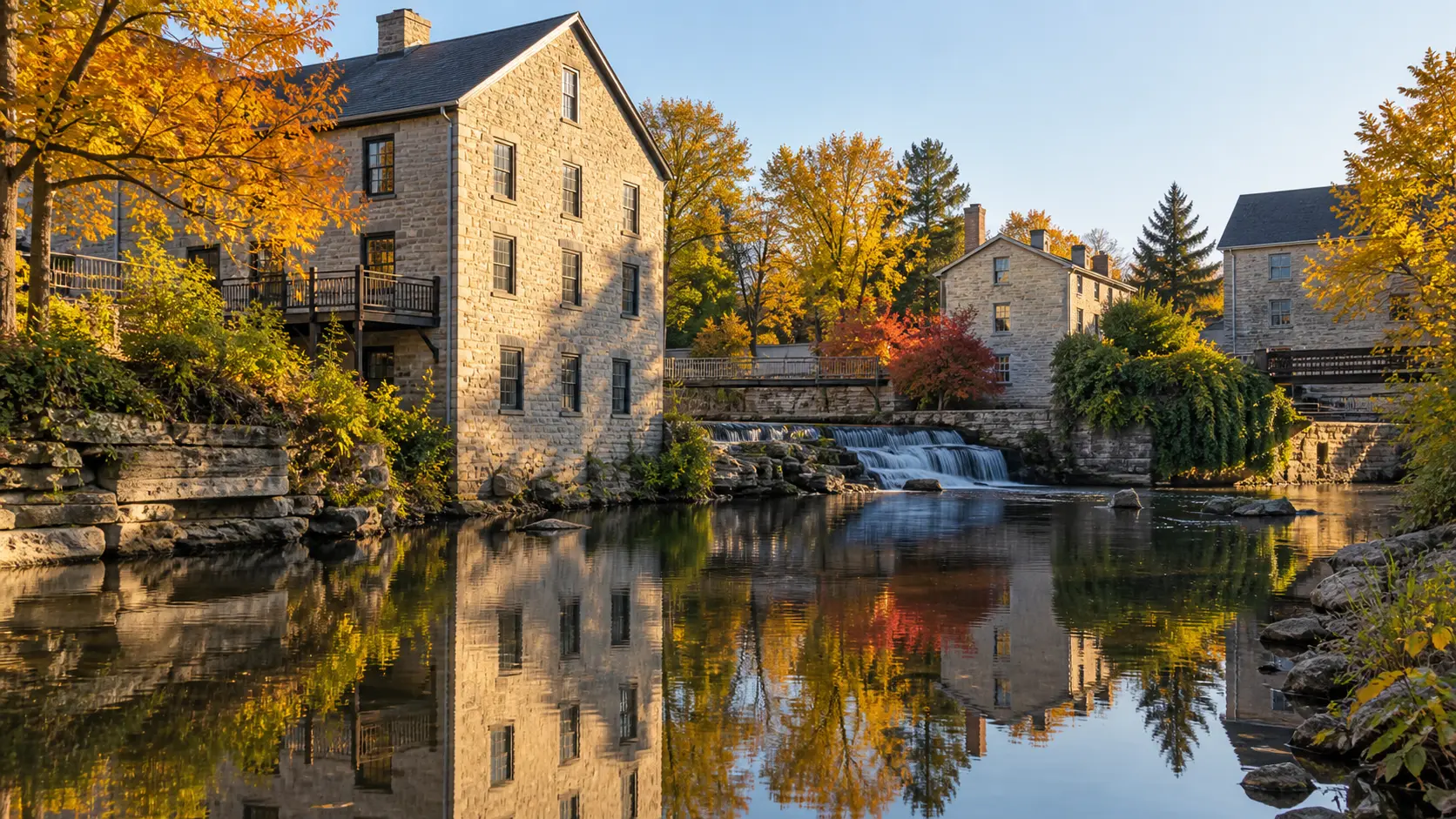 Historic limestone mills reflect in Cedar Creek beneath golden autumn trees.