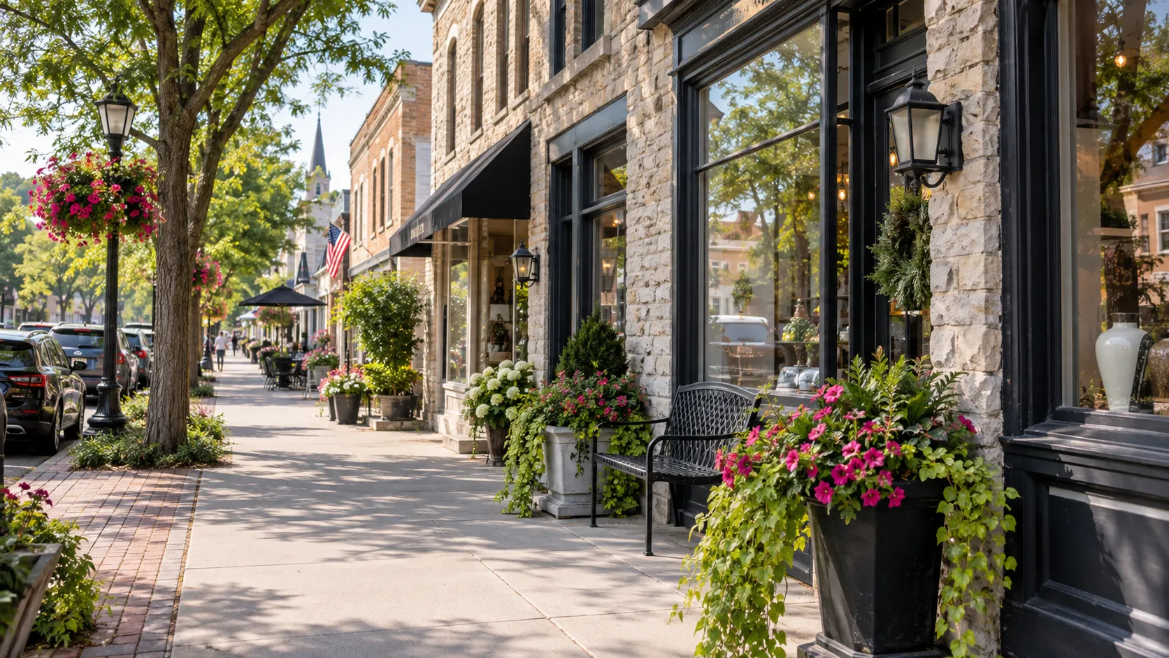 Flowers and preserved limestone storefronts line Washington Avenue in Cedarburg.