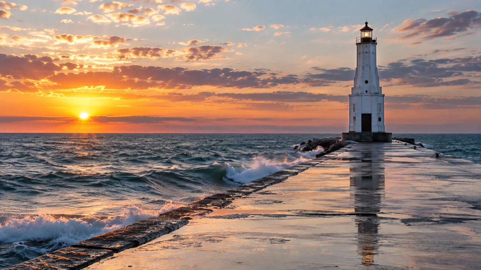 The white Port Washington breakwater lighthouse stands above Lake Michigan waves at sunrise.