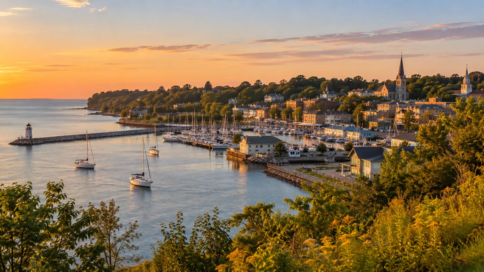 Sailboats fill Port Washington harbor below the hillside town in golden evening light.
