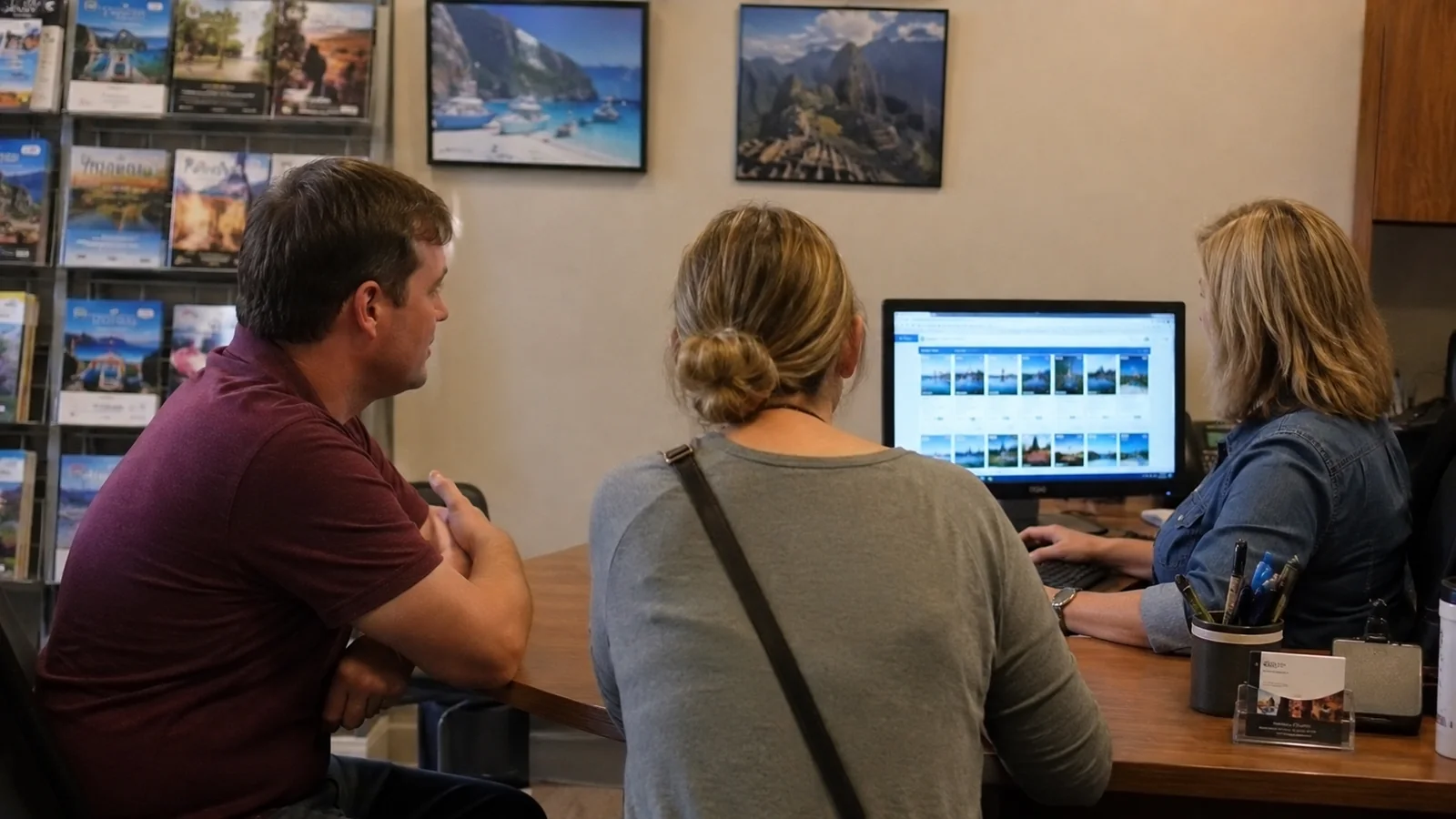 Couple consults a travel agent at a desk with a computer.