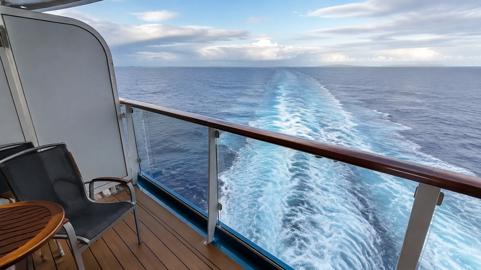 Ship wake stretches across the sea beyond a furnished balcony.