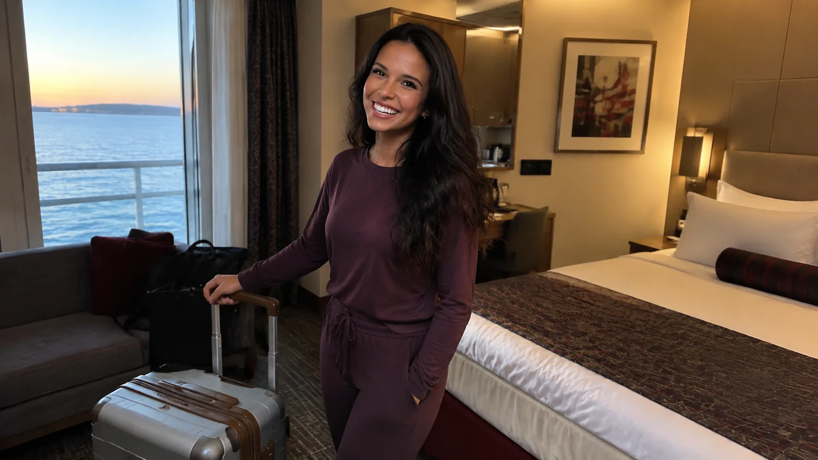 Woman stands beside a suitcase in a balcony stateroom.