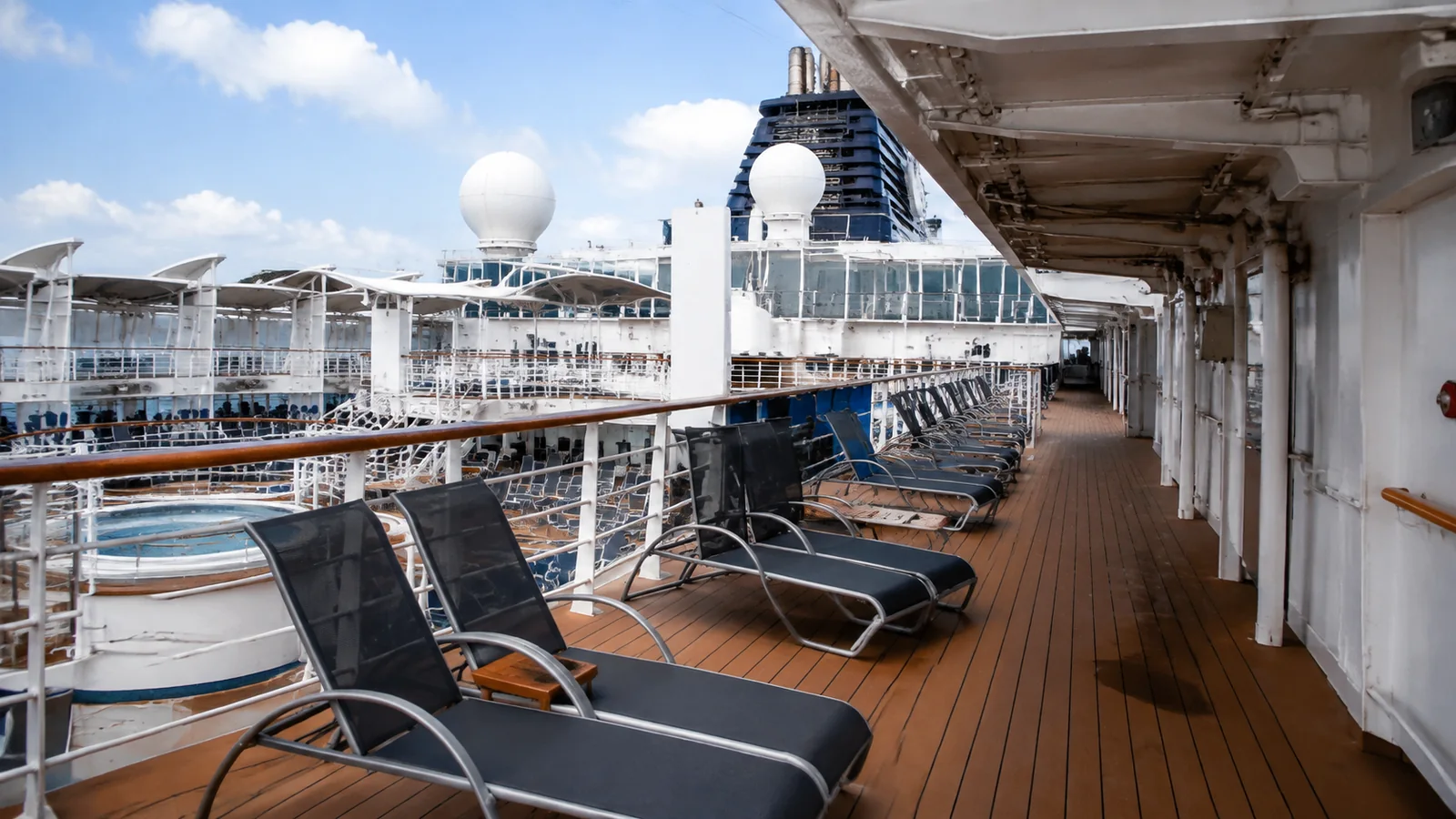 Lounge chairs on an upper cruise ship deck overlooking other decks