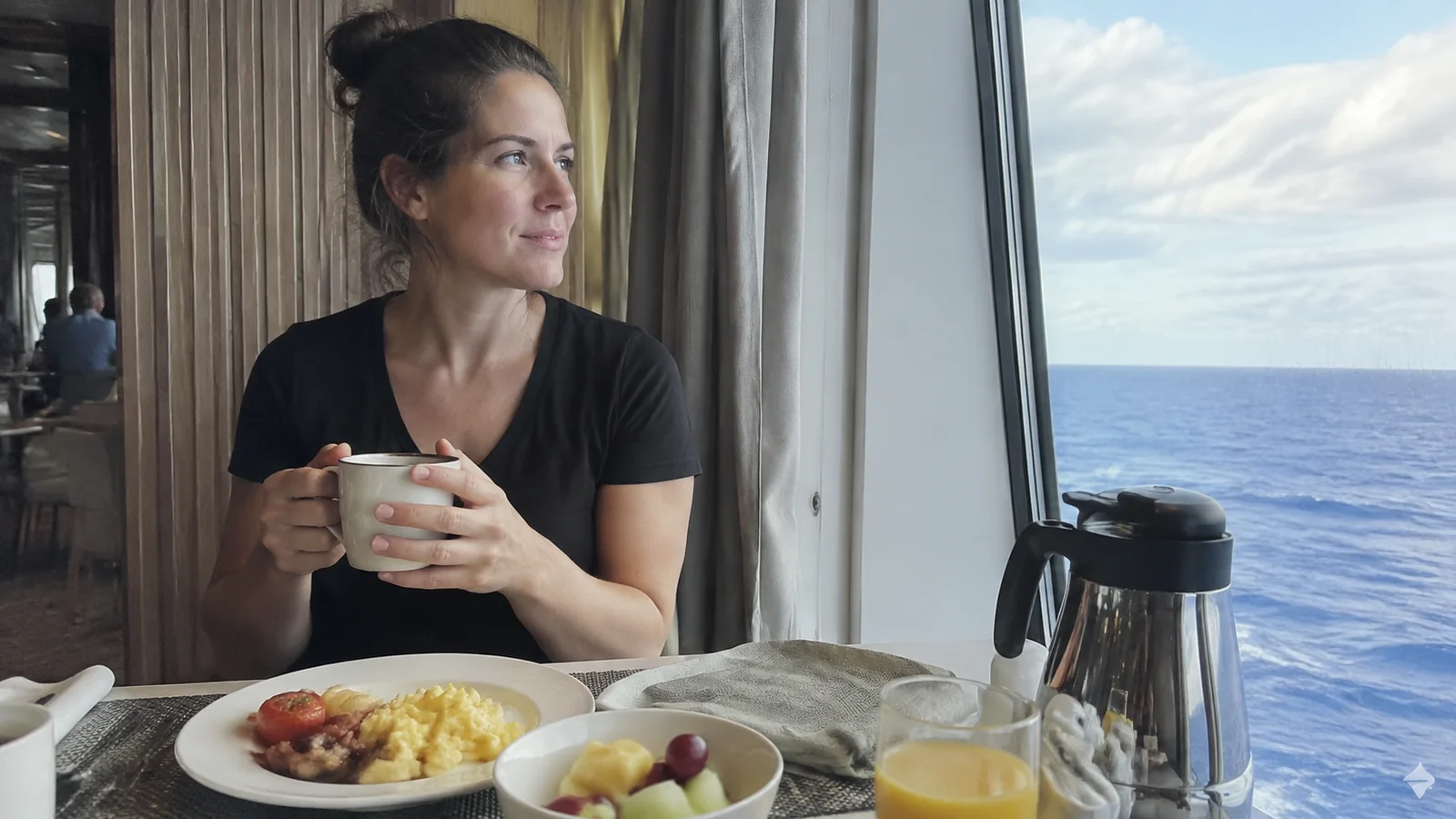 Passenger enjoying breakfast and coffee beside an ocean-view window.