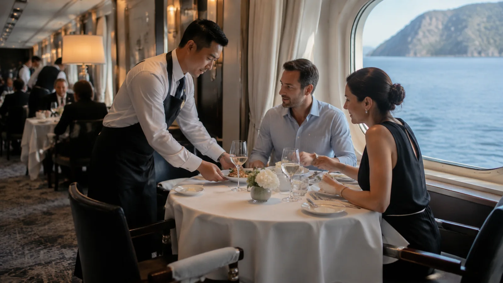 Waiter serves a couple at a table beside an ocean window.