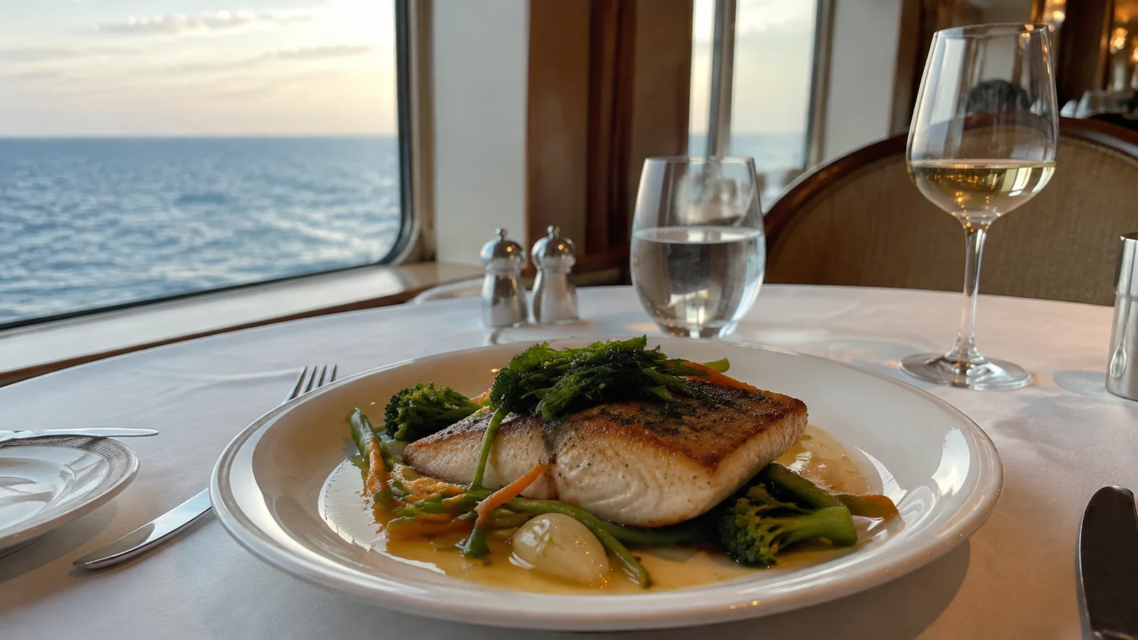 Grilled fish and vegetables sit on a plate beside wine glasses.