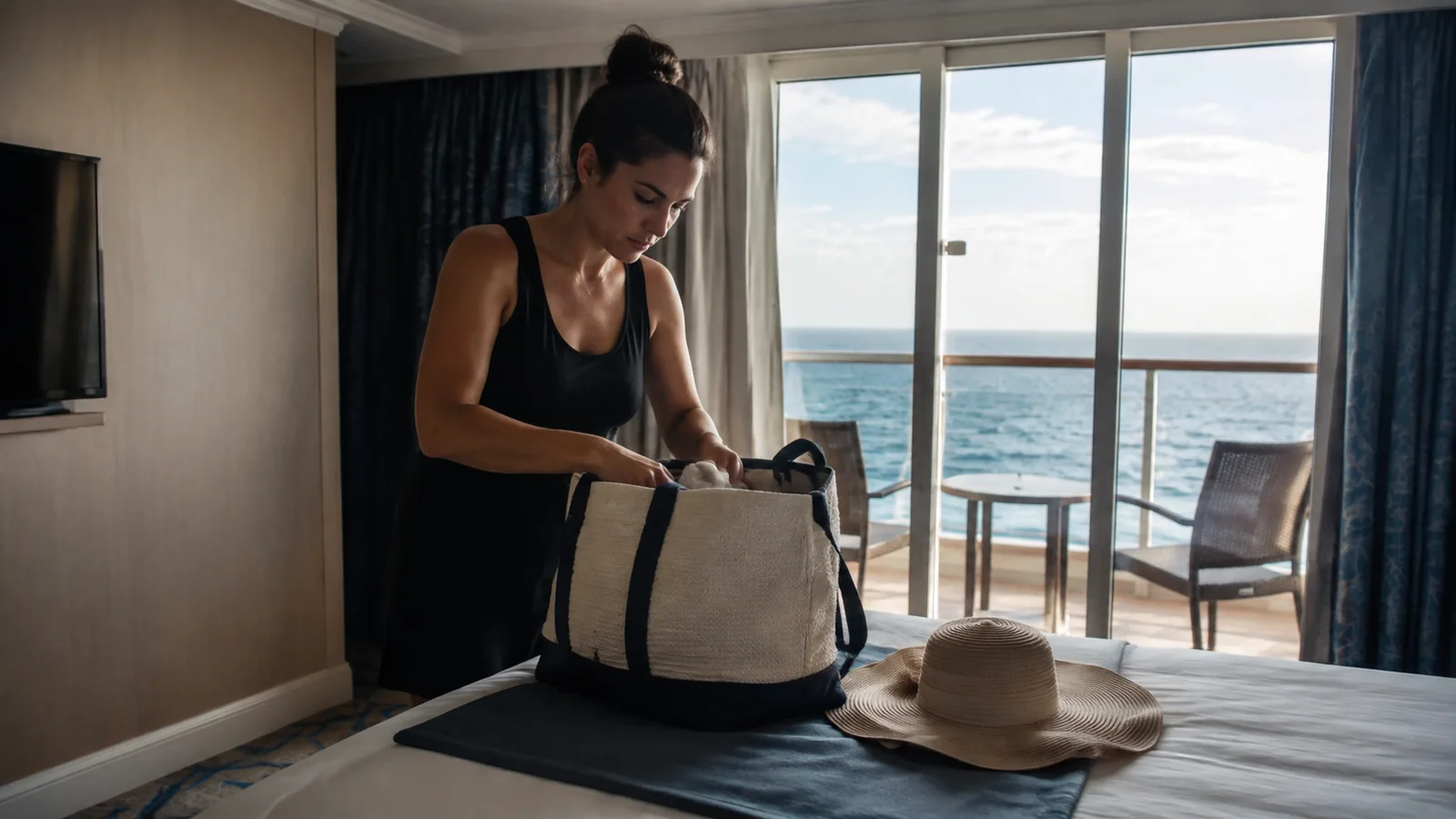 Woman packs a tote bag on a bed beside balcony doors.