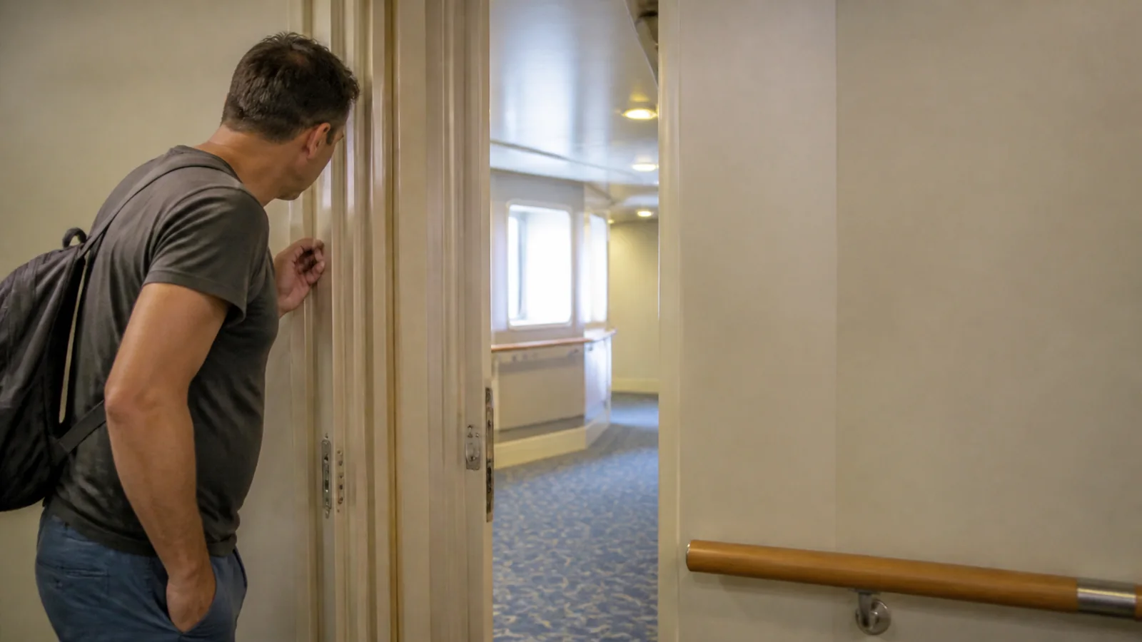 Passenger looking through an open doorway along a cabin corridor.