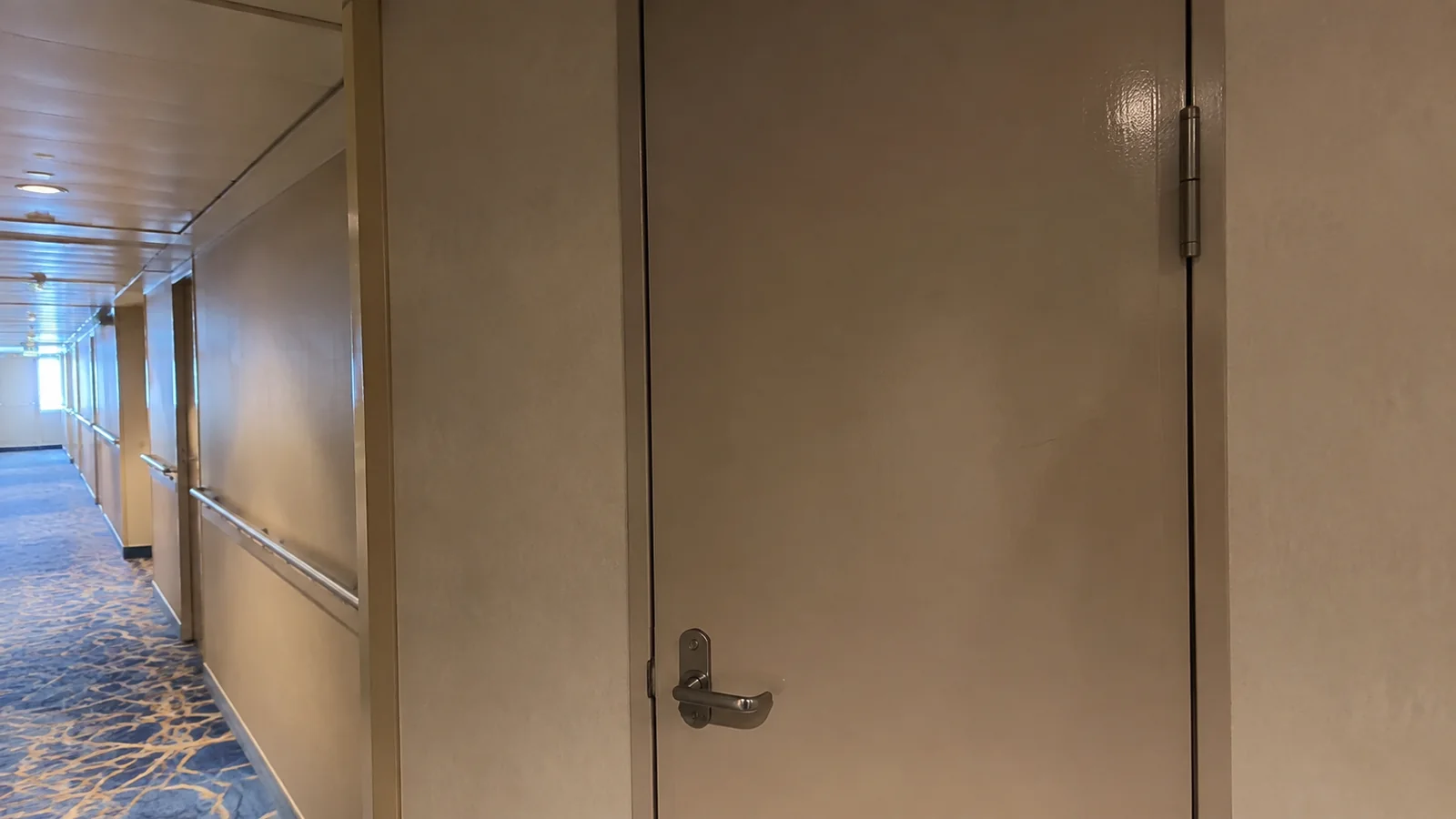 Plain service door beside a carpeted cabin hallway.