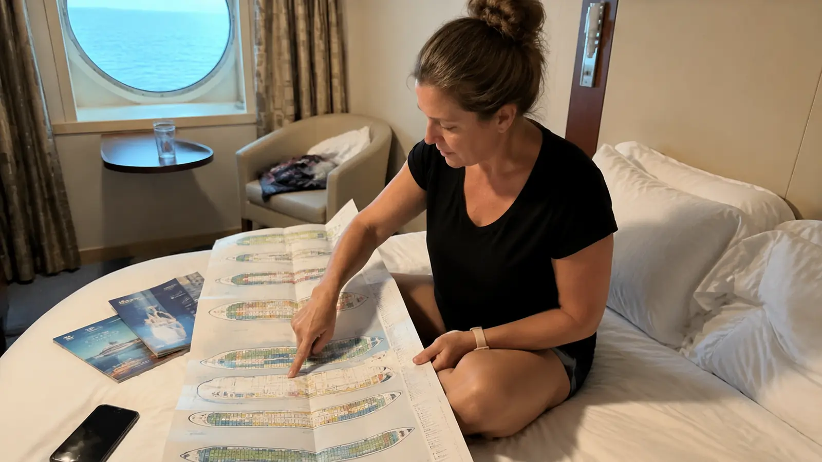 Woman sitting on a cruise cabin bed reviewing printed deck plans