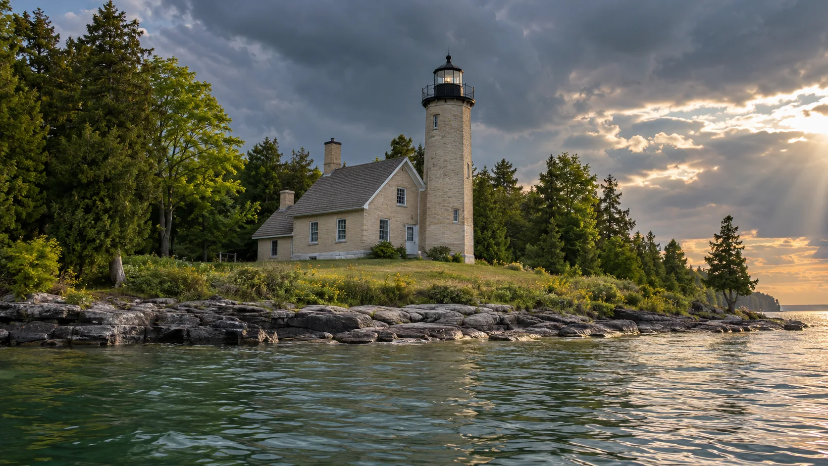 Chambers Island Lighthouse beneath clearing storm clouds in Door County