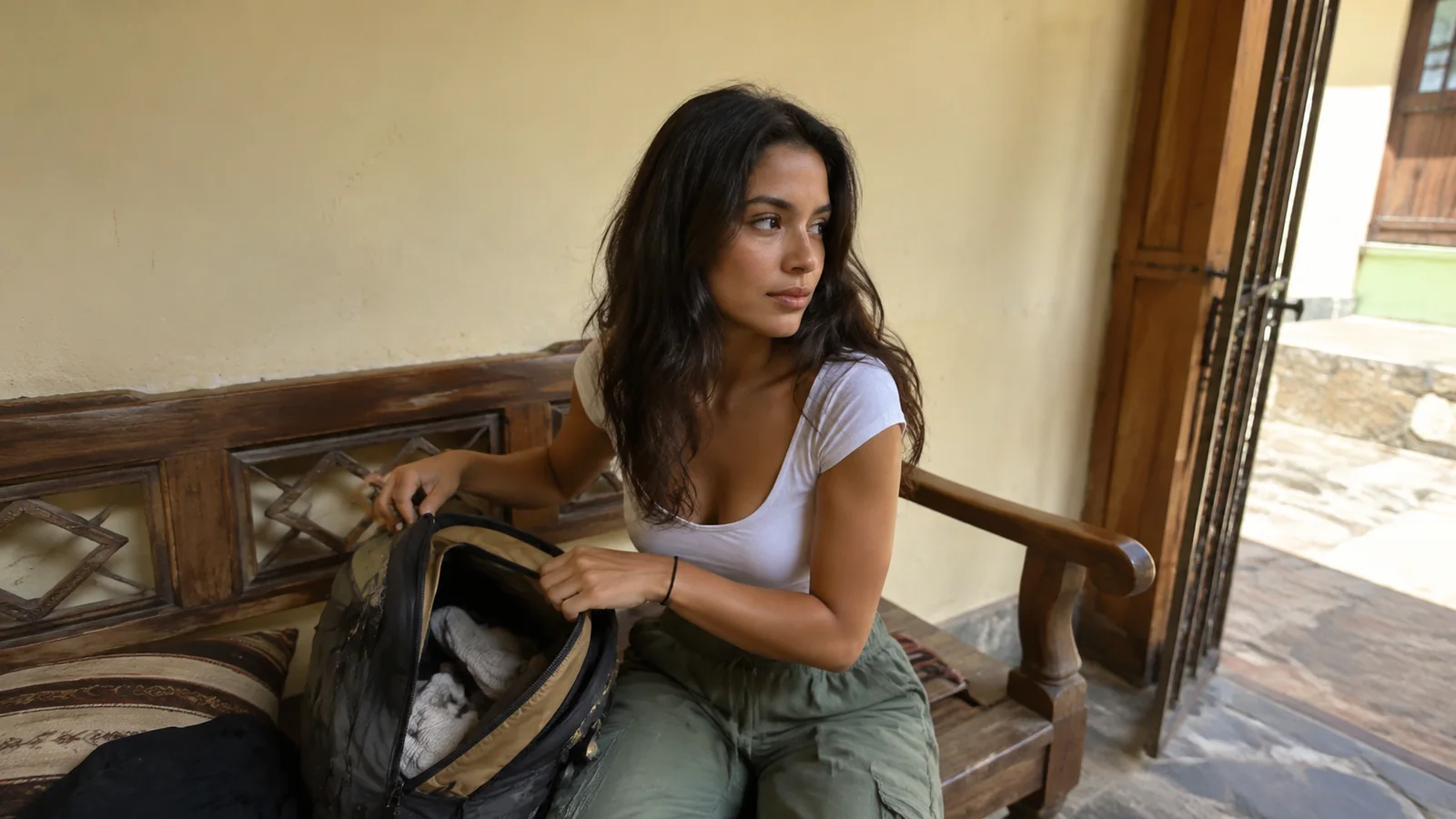 Woman opening a bag while seated on a wooden bench indoors.