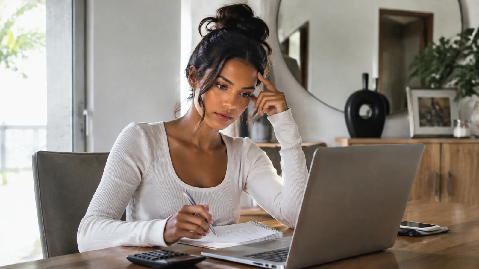 Woman comparing travel paperwork with a laptop and calculator.