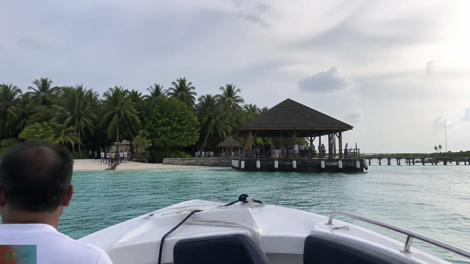 View from a small boat approaching a palm-lined island jetty.