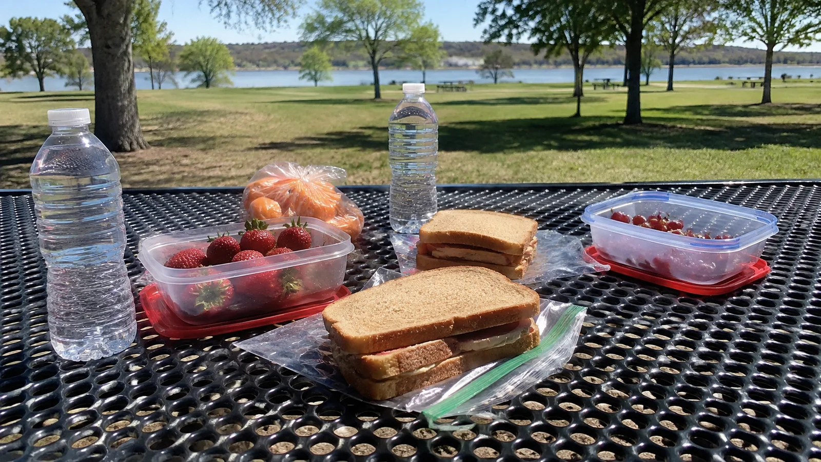 Sandwiches, fruit containers, and water bottles arranged on a picnic table.