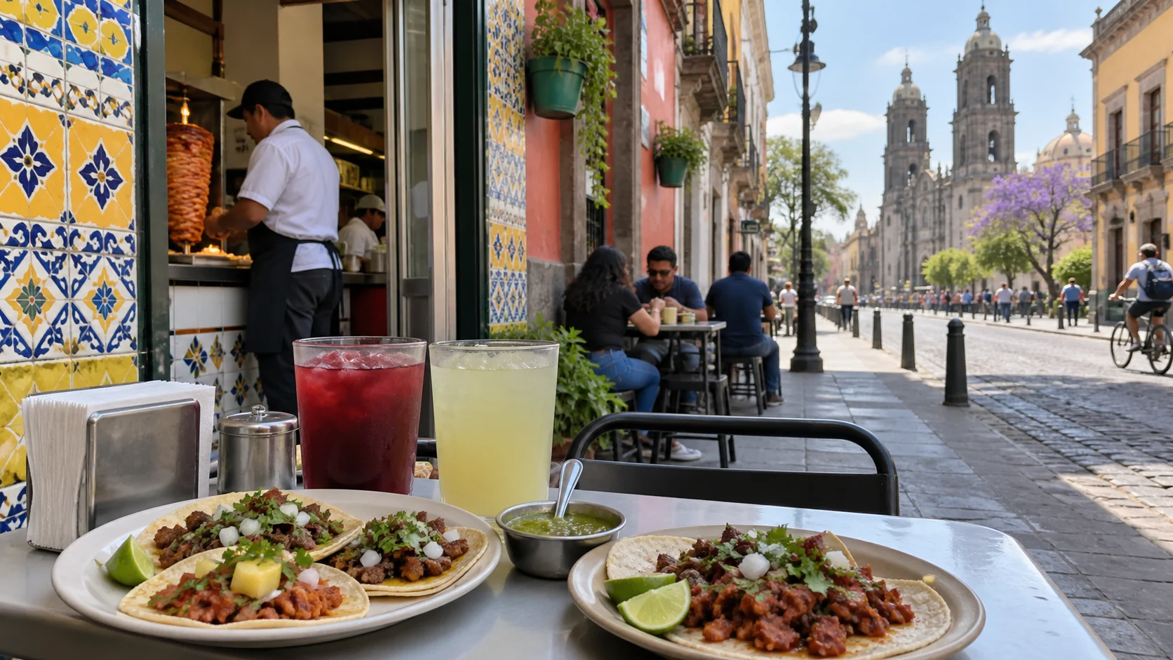 Street tacos and fruit drinks at a tiled neighborhood taqueria in Mexico City