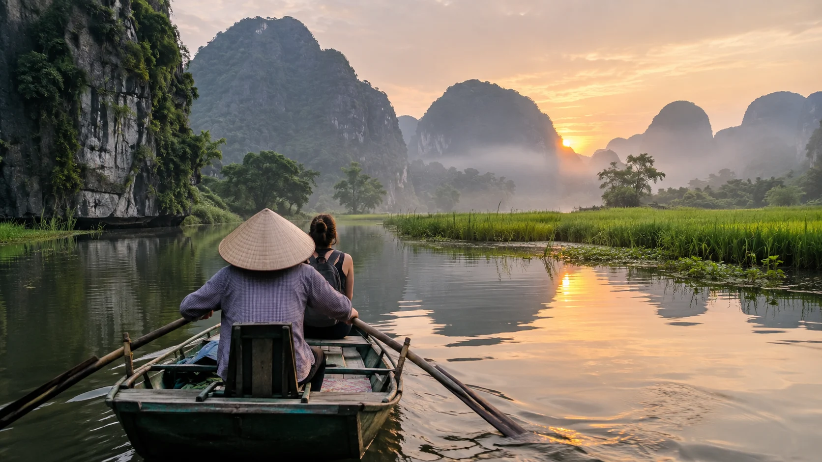 Wooden rowboat passing rice fields and limestone karsts in Ninh Binh, Vietnam