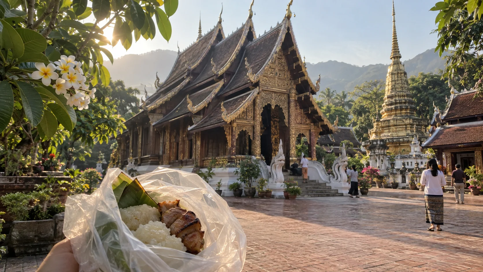 Lanna temple courtyard and simple local breakfast in Chiang Mai, Thailand