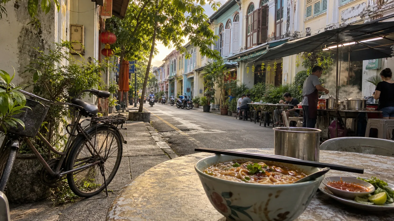 Bowl of noodles beside colorful heritage shophouses in George Town, Penang