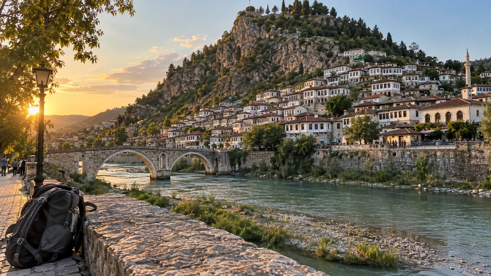 Ottoman houses and stone bridge above the Osum River in Berat, Albania
