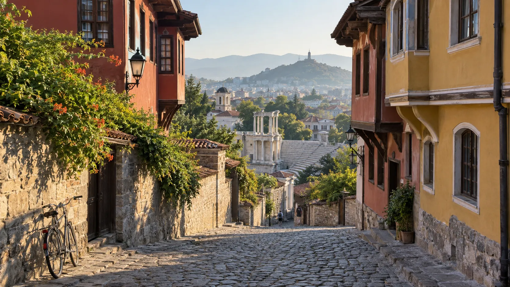 Cobbled lane and colorful Revival houses overlooking Plovdiv's Roman theater
