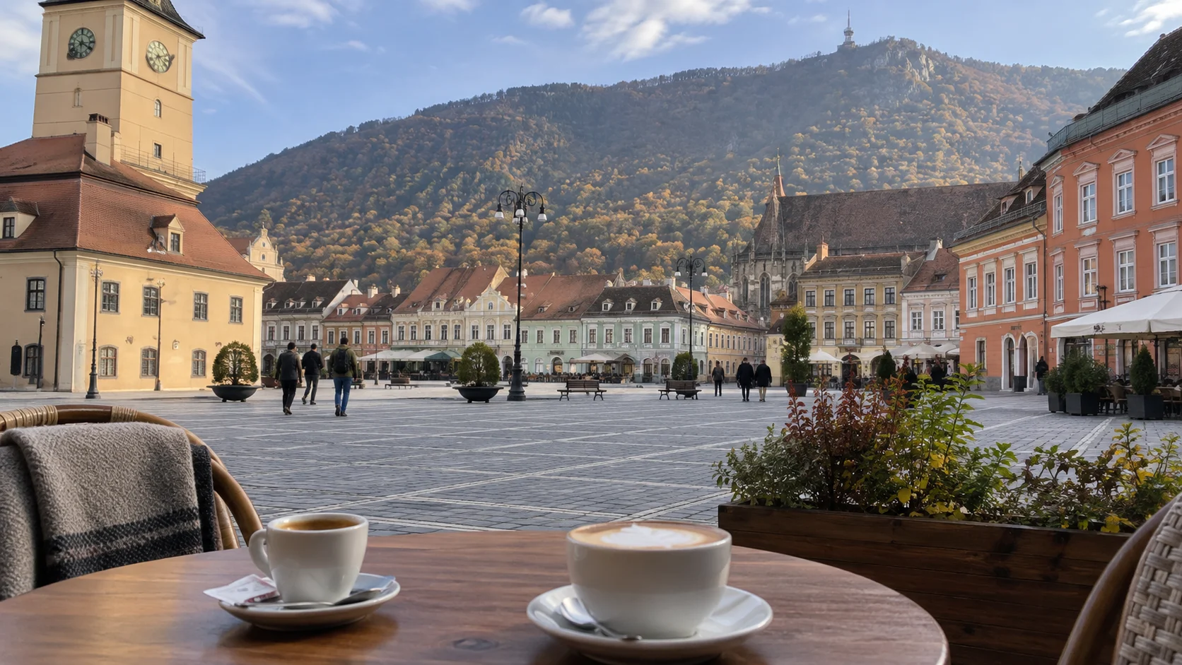 Two coffees overlooking Council Square and Mount Tâmpa in Brașov, Romania