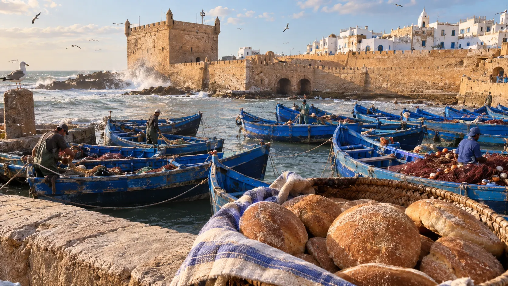 Blue fishing boats below Essaouira's sea ramparts with fresh bread in the foreground