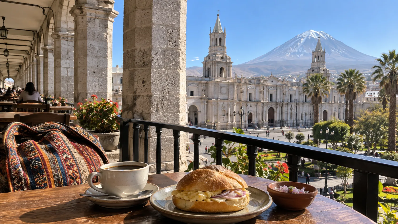 Local breakfast overlooking Arequipa's white cathedral and El Misti volcano
