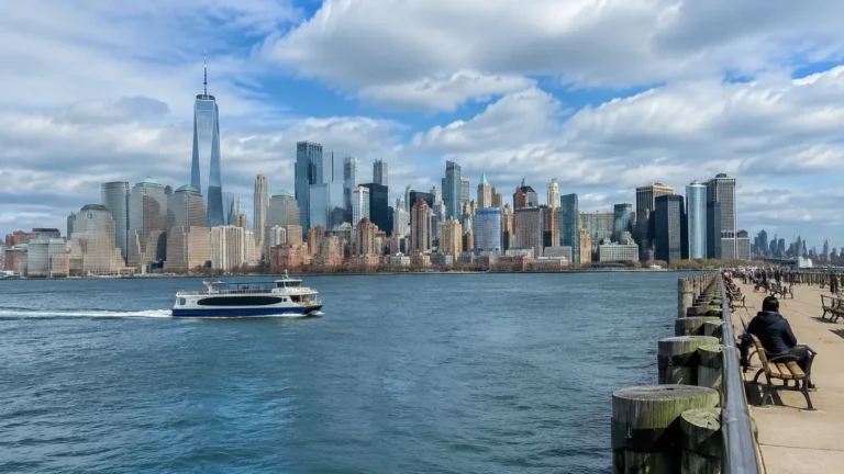City skyline across a harbor with a ferry on the water